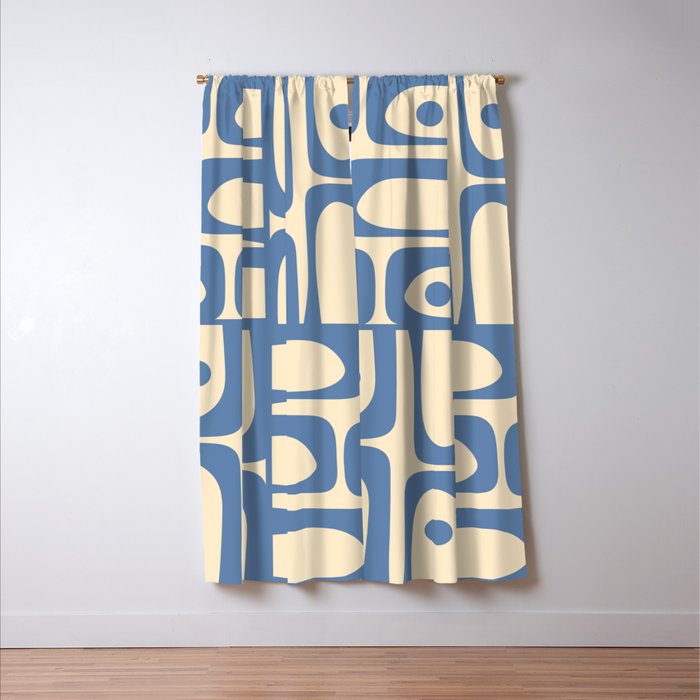 Mid Century Modern Piquet Multi Pattern in Blue and Cream Window Curtain Gallery Image 3