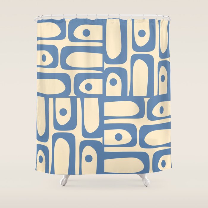 Mid Century Modern Piquet Multi Pattern in Blue and Cream Shower Curtain Gallery Image 1