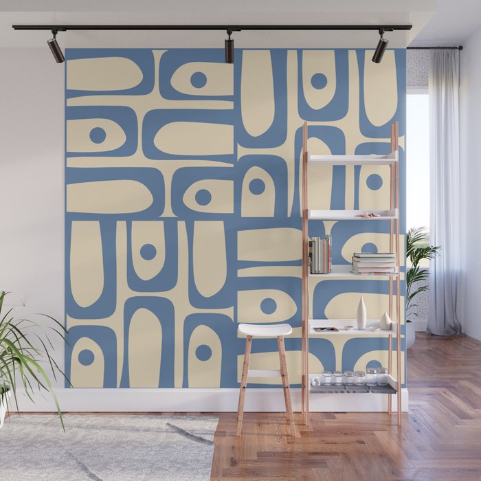 Mid Century Modern Piquet Multi Pattern in Blue and Cream Wall Mural Gallery Image 1