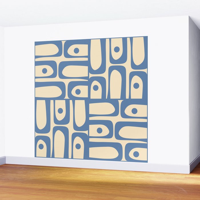 Mid Century Modern Piquet Multi Pattern in Blue and Cream Wall Mural Gallery Image 2
