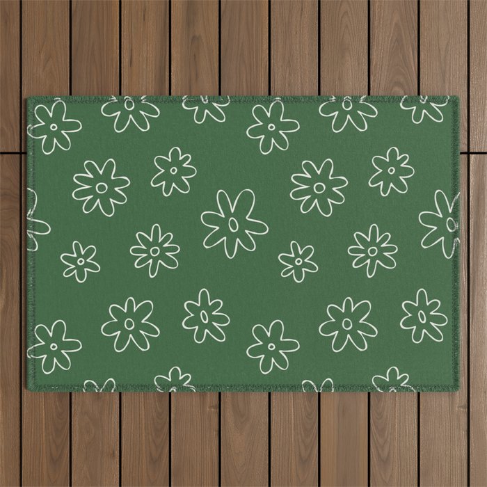 Green garden flower doodle art pattern Outdoor Rug Gallery Image 1