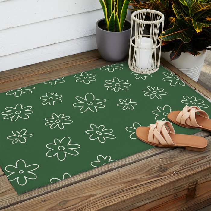 Green garden flower doodle art pattern Outdoor Rug Gallery Image 2