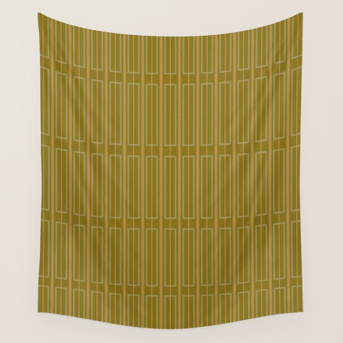 Minimalist Geo Box Striped Pattern in Vintage Olive Green and Cantaloupe Orange Wall Tapestry Gallery Image 4