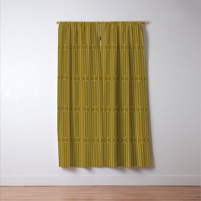 Minimalist Geo Box Striped Pattern in Vintage Olive Green and Cantaloupe Orange Window Curtain Gallery Image 3