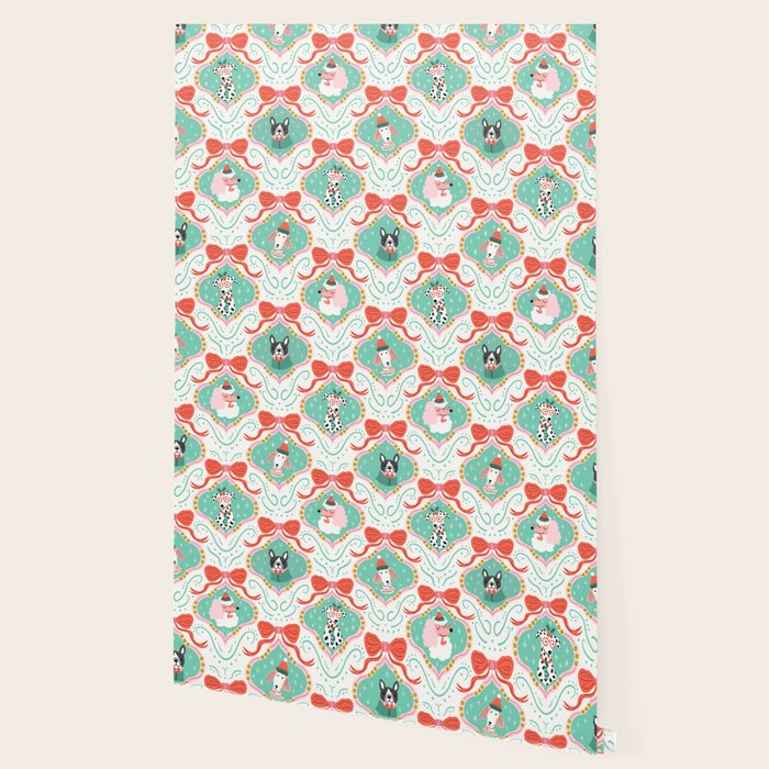 Christmas Dogs Festive Furry Holiday Ornaments Damask Pastel Green Wallpaper Gallery Image 2