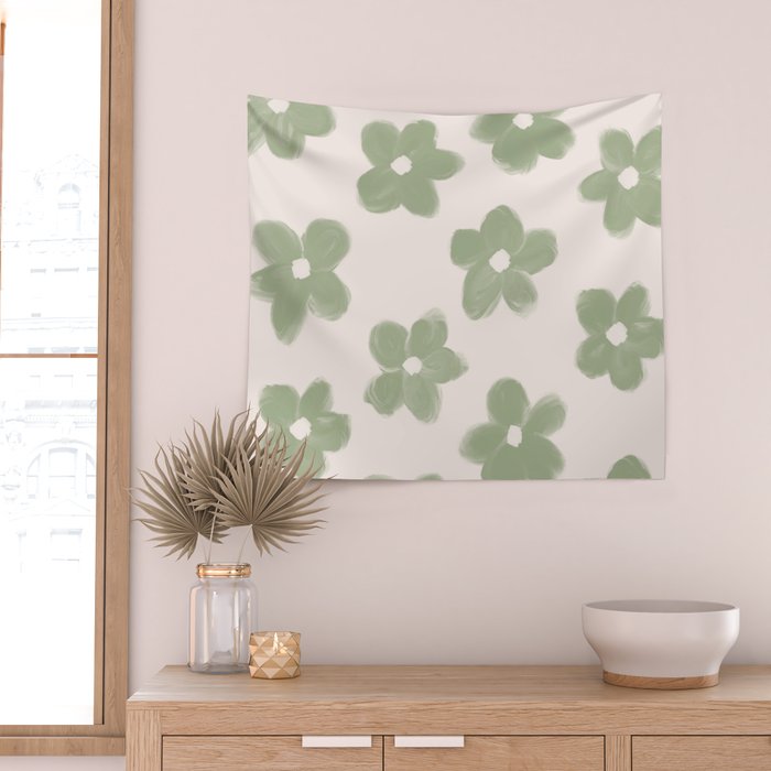 Sage Green Flowers Wall Tapestry Gallery Image 2