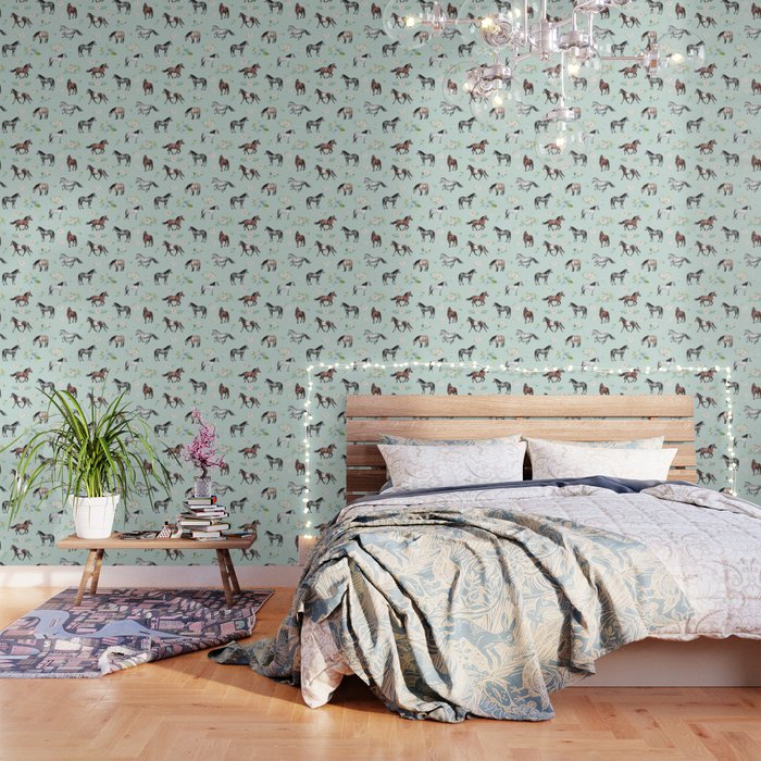 Floral Horse Pattern, Flowers and Horses, Romantic Blue, Horse Decor, Horse Art Wallpaper Gallery Image 3