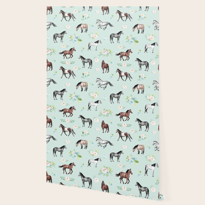 Floral Horse Pattern, Flowers and Horses, Romantic Blue, Horse Decor, Horse Art Wallpaper Gallery Image 2