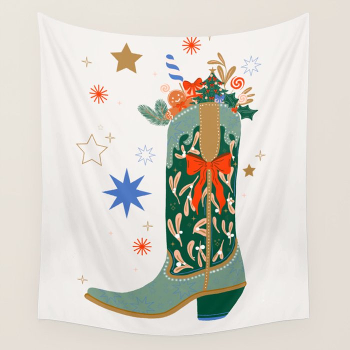 Festive Cowboy Boot Christmas Art  Whimsical Western Holiday Decor Wall Tapestry Gallery Image 1