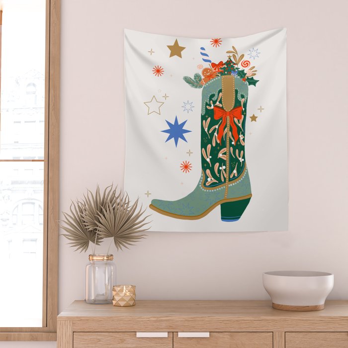 Festive Cowboy Boot Christmas Art  Whimsical Western Holiday Decor Wall Tapestry Gallery Image 2