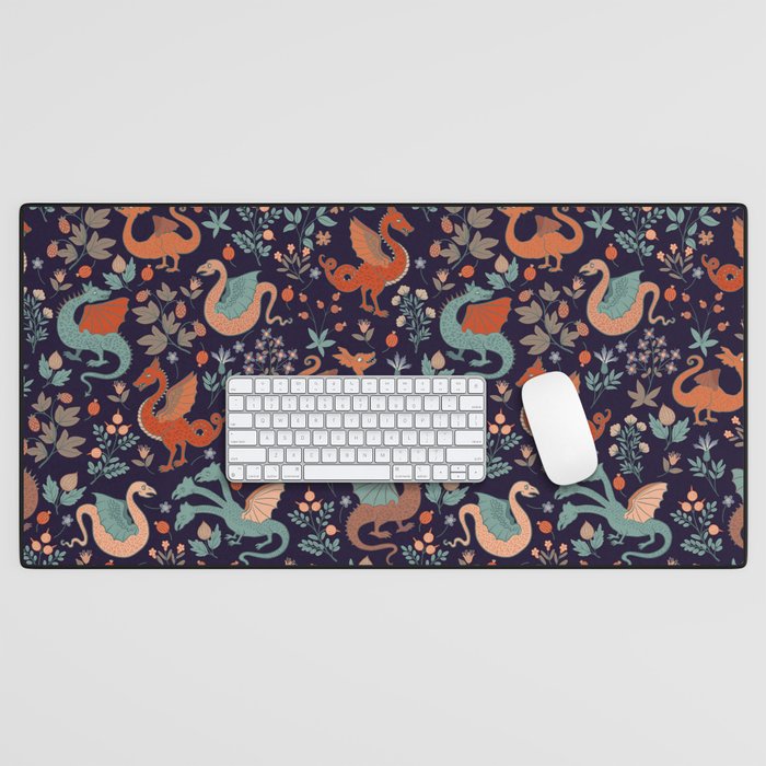 Dragons and Flowers Dark Purple Desk Mat Gallery Image 1