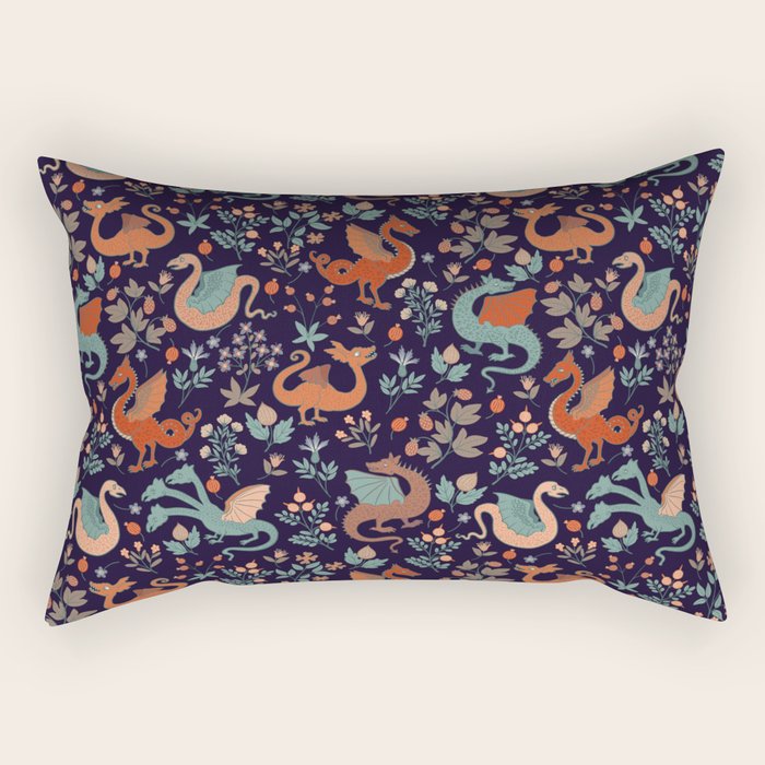 Dragons and Flowers Dark Purple Rectangular Pillow Gallery Image 1