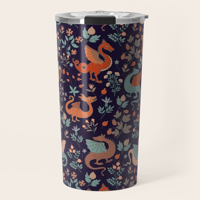Dragons and Flowers Dark Purple Travel Mug Gallery Image 1