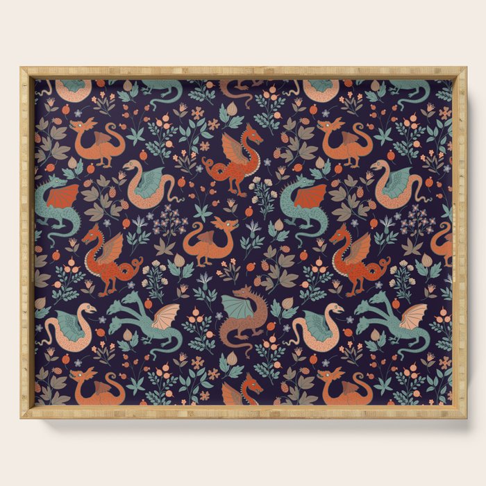 Dragons and Flowers Dark Purple Serving Tray Gallery Image 1
