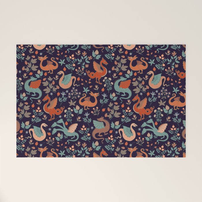 Dragons and Flowers Dark Purple Welcome Mat Gallery Image 1