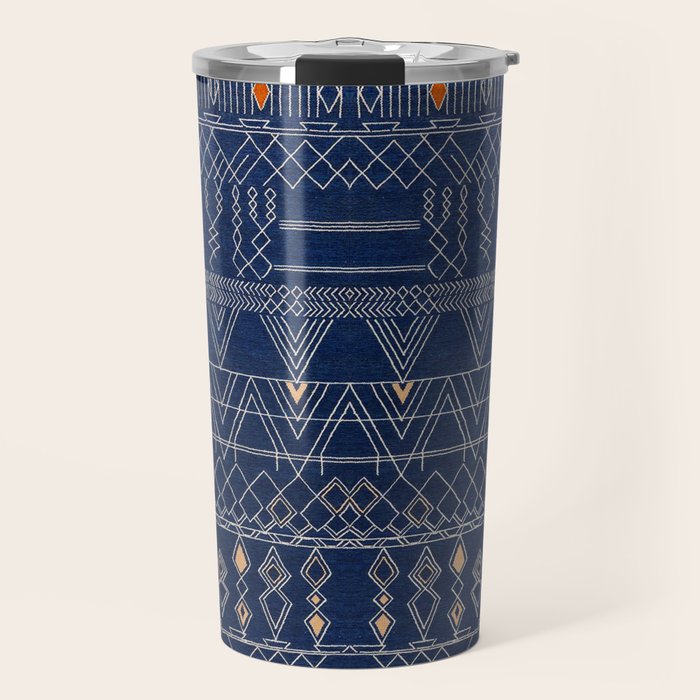 Blue Indigo Jeans Color, Bohemian Oriental Traditional Moroccan Fabric Style Travel Mug Gallery Image 1