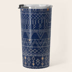 Blue Indigo Jeans Color, Bohemian Oriental Traditional Moroccan Fabric Style Travel Mug Gallery Image 3