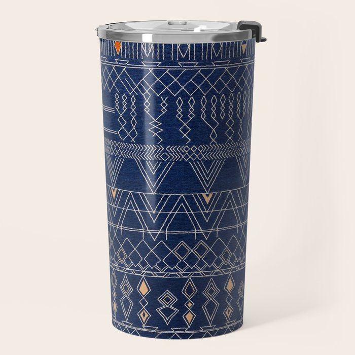 Blue Indigo Jeans Color, Bohemian Oriental Traditional Moroccan Fabric Style Travel Mug Gallery Image 2