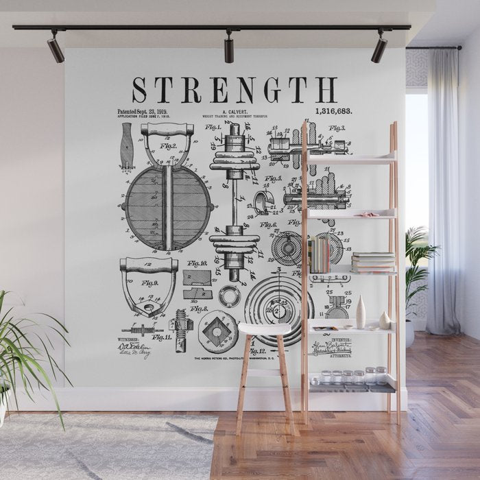 Gym Fitness Workout Dumbbell Kettlebell Vintage Patent Print Wall Mural Gallery Image 1