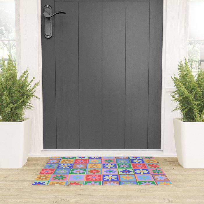 Checkered Flower Pattern  Welcome Mat Gallery Image 3