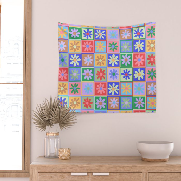 Checkered Flower Pattern  Wall Tapestry Gallery Image 2