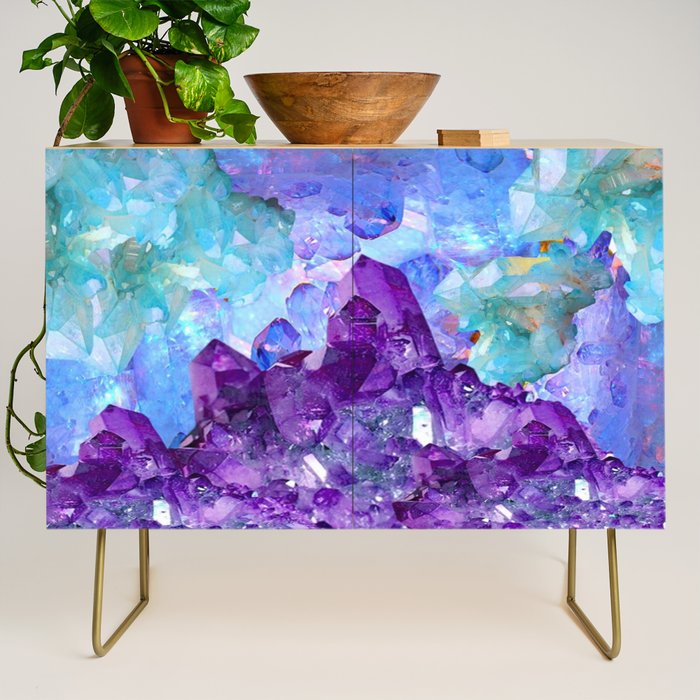 PURPLE AMETHYST CRYSTALS & BLUE-GREEN AQUAMARINE Credenza Gallery Image 1