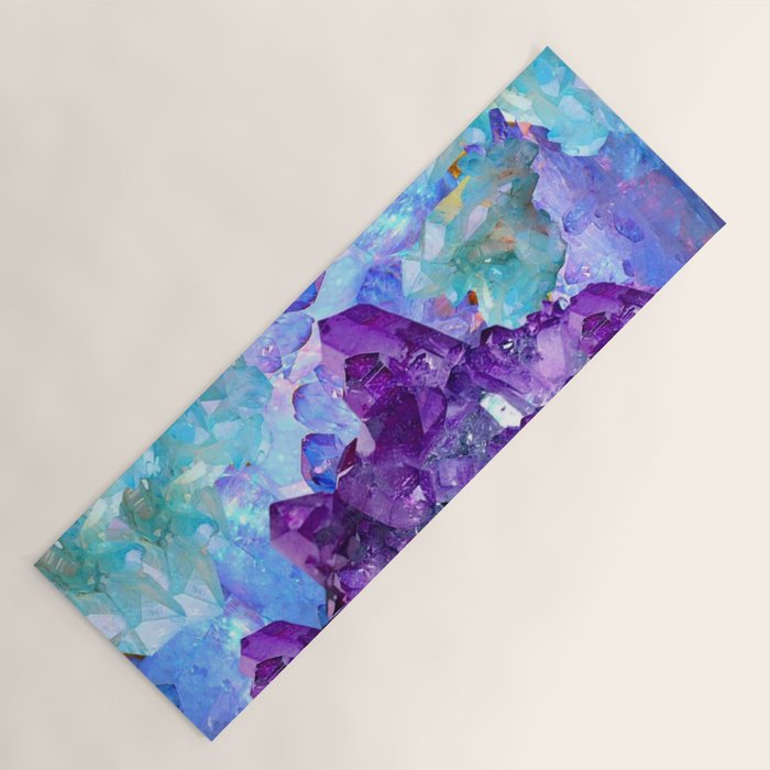 PURPLE AMETHYST CRYSTALS & BLUE-GREEN AQUAMARINE Yoga Mat Gallery Image 1