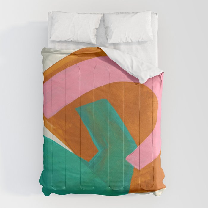 Ochre Pink Marine Green Fun Colorful Mid Century Modern Abstract Painting Shapes Pattern Comforter Gallery Image 1