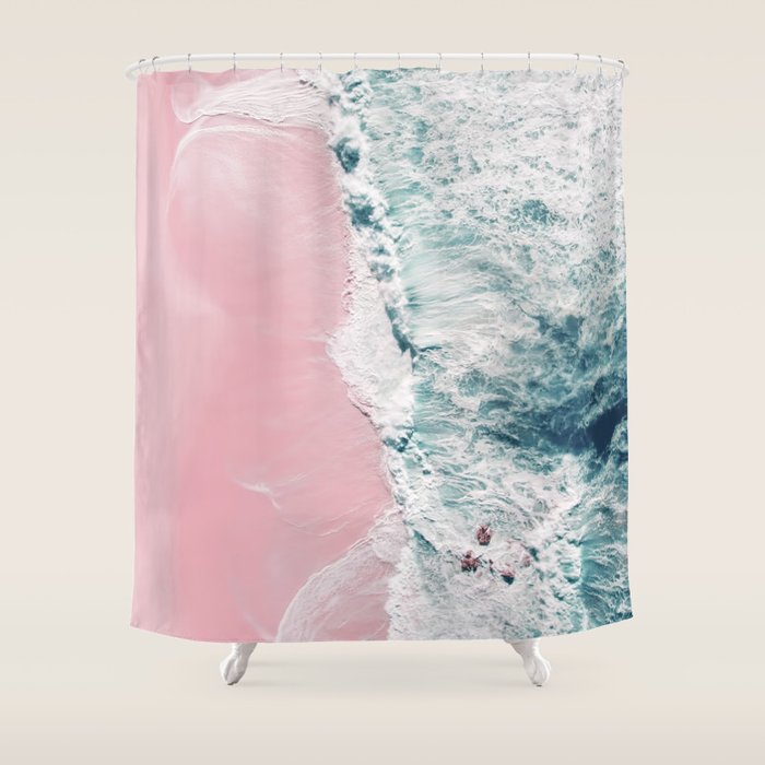 Aerial Ocean Print - Beach - Pink Sand - Wave - Original Sea of Love - Travel Photography  Shower Curtain Gallery Image 1