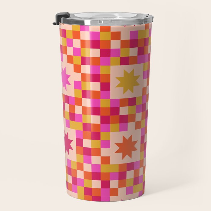 Colorful Quilt Plaid geometric pattern red and pink Travel Mug Gallery Image 3