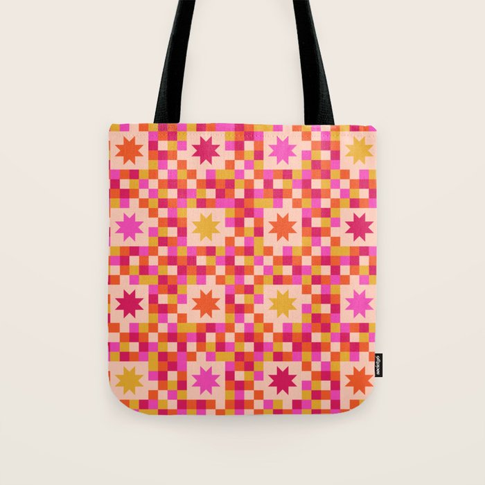 Colorful Quilt Plaid geometric pattern red and pink Tote Bag Gallery Image 1
