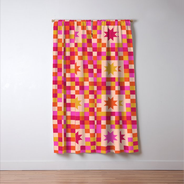 Colorful Quilt Plaid geometric pattern red and pink Window Curtain Gallery Image 3