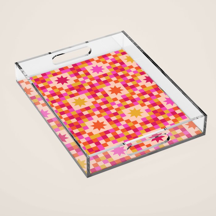 Colorful Quilt Plaid geometric pattern red and pink Acrylic Tray Gallery Image 1
