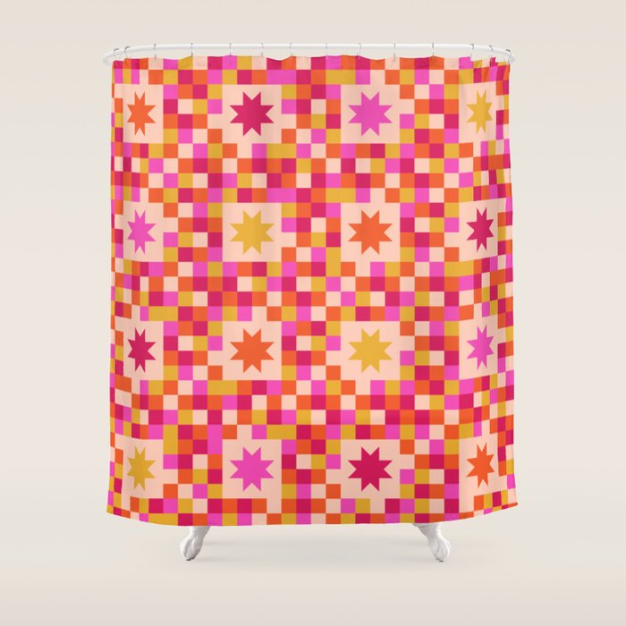 Colorful Quilt Plaid geometric pattern red and pink Shower Curtain Gallery Image 1