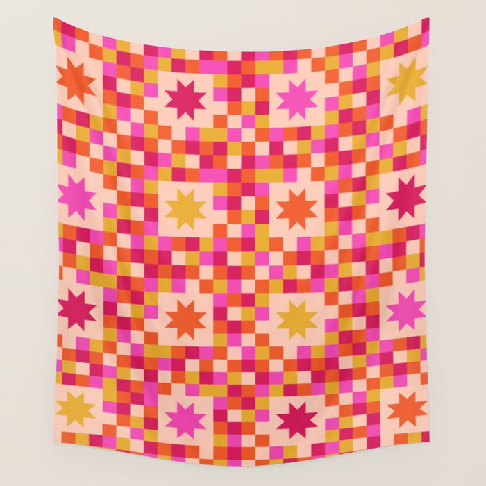 Colorful Quilt Plaid geometric pattern red and pink Wall Tapestry Gallery Image 4