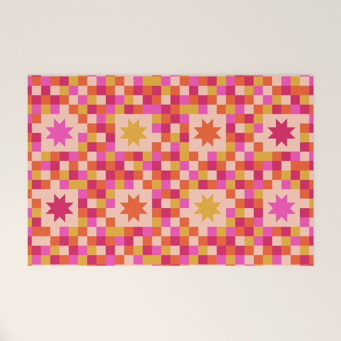 Colorful Quilt Plaid geometric pattern red and pink Welcome Mat Gallery Image 1