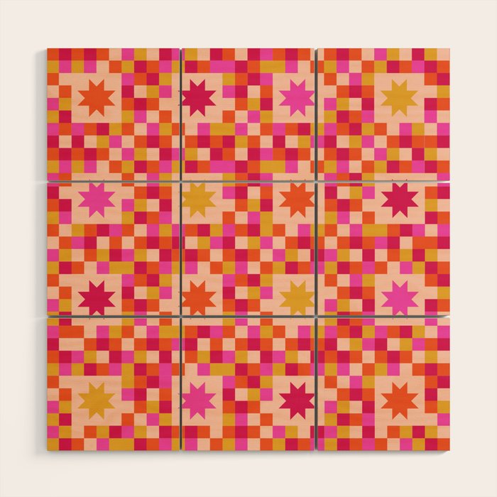 Colorful Quilt Plaid geometric pattern red and pink Wood Wall Art Gallery Image 1