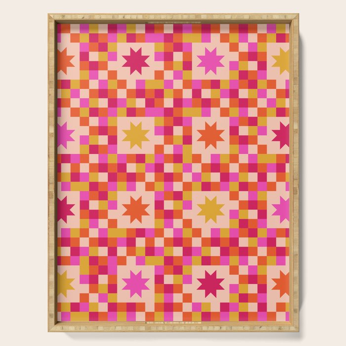 Colorful Quilt Plaid geometric pattern red and pink Serving Tray Gallery Image 1