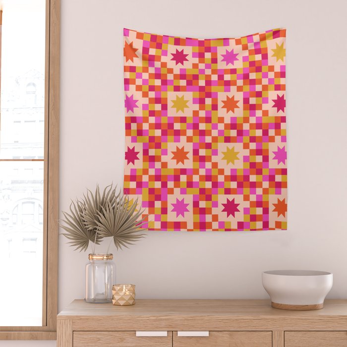 Colorful Quilt Plaid geometric pattern red and pink Wall Tapestry Gallery Image 2