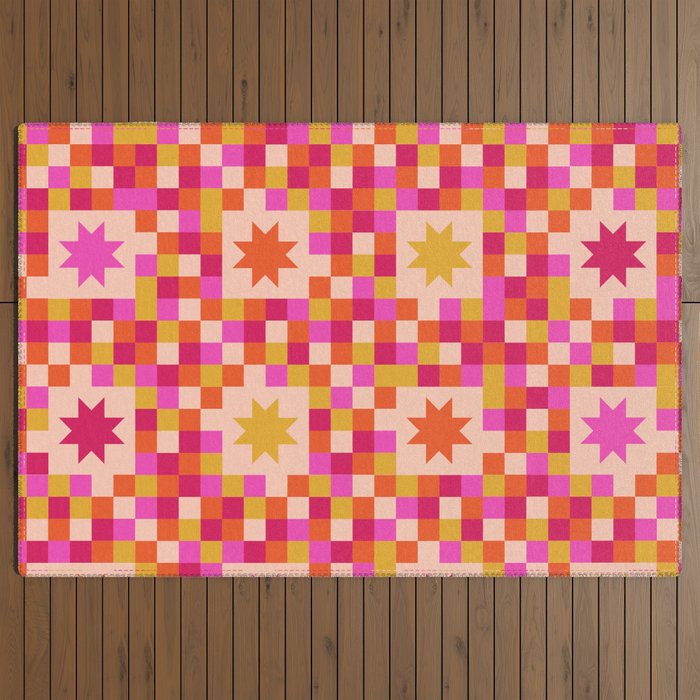 Colorful Quilt Plaid geometric pattern red and pink Outdoor Rug Gallery Image 3