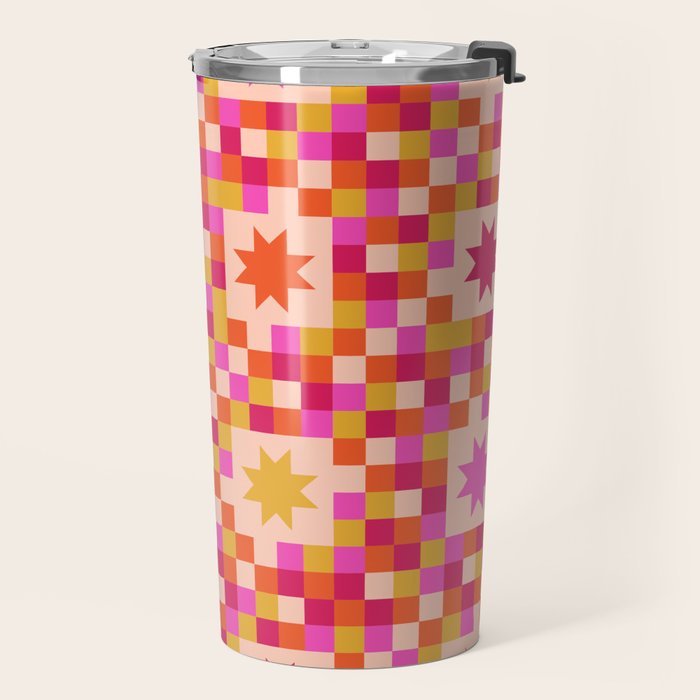 Colorful Quilt Plaid geometric pattern red and pink Travel Mug Gallery Image 2