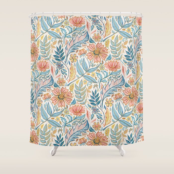 Soft Peach and Blue Art Nouveau Floral Shower Curtain Gallery Image 1