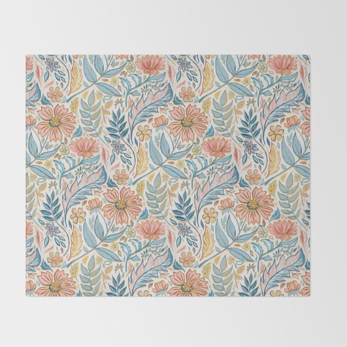 Soft Peach and Blue Art Nouveau Floral Throw Blanket Gallery Image 2