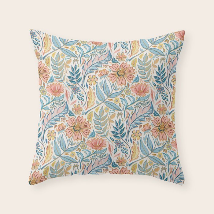Soft Peach and Blue Art Nouveau Floral Throw Pillow Gallery Image 6