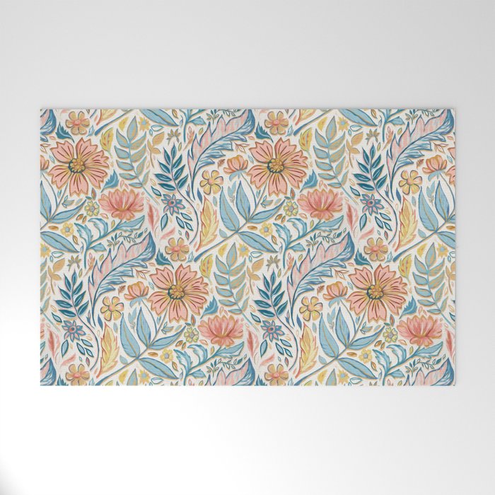 Soft Peach and Blue Art Nouveau Floral Welcome Mat Gallery Image 1