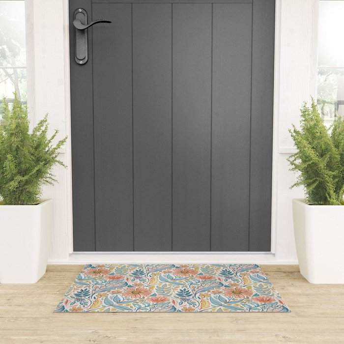 Soft Peach and Blue Art Nouveau Floral Welcome Mat Gallery Image 3
