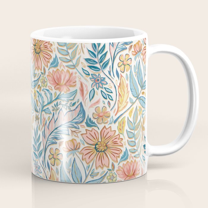 Soft Peach and Blue Art Nouveau Floral Coffee Mug Gallery Image 1