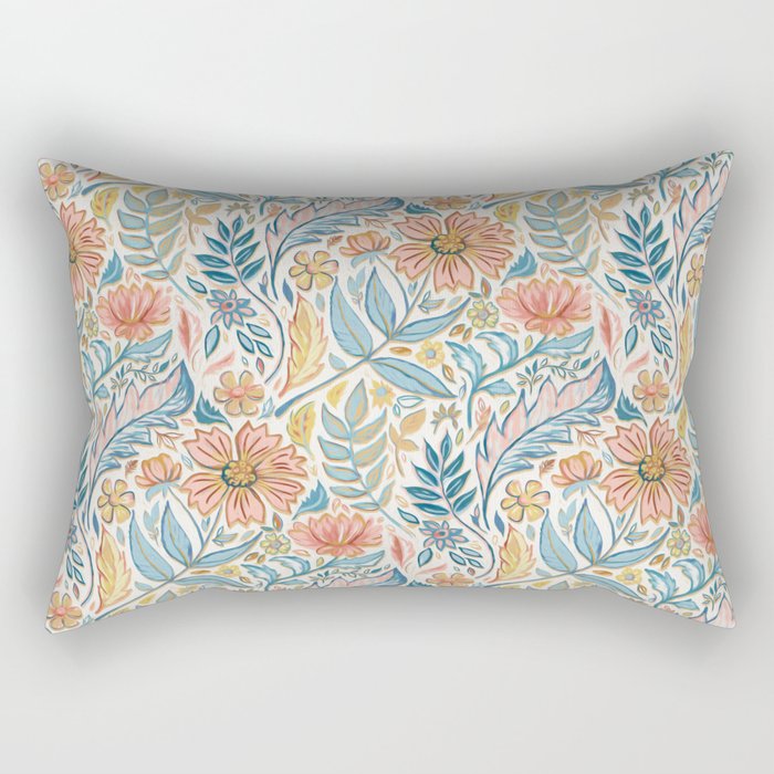 Soft Peach and Blue Art Nouveau Floral Rectangular Pillow Gallery Image 1