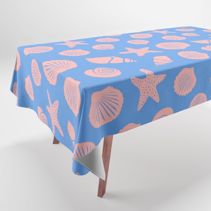 Retro Coastal Shells on Blue Tablecloth Gallery Image 1