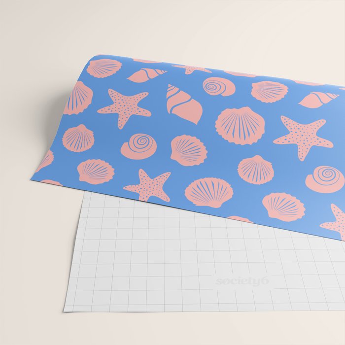 Retro Coastal Shells on Blue Wrapping Paper Gallery Image 2
